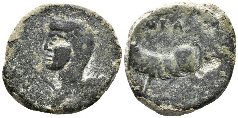 BORA. Semis. 100-50 a.C. Alcaudete (Jaén). A/ Busto femenino a izquierda, portan...