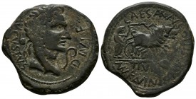 CAESARAUGUSTA. As. Epoca de Augusto. 27 a.C.-14 d.C. Zaragoza. A/ Cabeza del emperador laureada a derecha, delante simpulum, detrás lituo, leyenda ext...