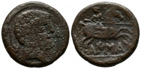 CAISCATA. As. 120-20 a.C. Cascante (Navarra). A/ Cabeza barbada a derecha, delante KA, detrás arado. R/ Jinete con lanza a derecha, debajo CaISCaTa. F...