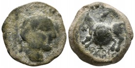 CARISA. Semis. 50 a.C. Bornos (Cádiz). A/ Cabeza masculina a derecha. R/ Jinete con lanza y rodela a izquierda, debajo CARIS. FAB-452. Ae. 6,40g. BC+....
