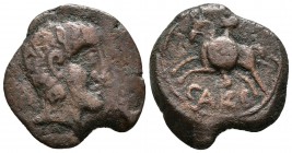 CARISA. Semis. 50 a.C. Bornos (Cádiz). A/ Cabeza masculina barbada a derecha. R/ Jinete con lanza y rodela a izquierda, debajo CARIS. FAB-452. Ae. 5,6...