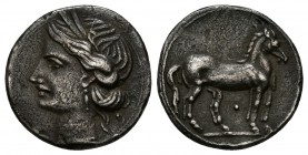ZEUGITANIA. 1/4 Shekel. 220-205 a.C. Carthago. A/ Cabeza de Tanit a izquierda. R/ Caballo parado a derecha, punto entre las patas. SNG Copenhagen 335....