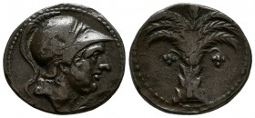 CARTAGONOVA. Calco. 220-215 a.C. Cartagena (Murcia). A/ Cabeza de Ares con casco a derecha. R/ Palmera con frutos. FAB-518. Ae. 5,54g. MBC+.
