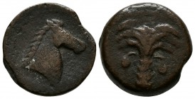 CARTAGONOVA. 1/2 Calco. 220-215 a.C. Cartagena (Murcia). A/ Cabeza de Tanit a derecha. R/ Palmera con frutos. FAB-519. Ae. 6,89g. MBC-.