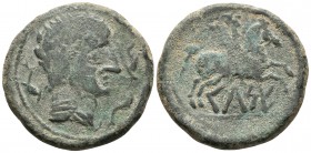 CELSE. As. 120-50 a.C. Velilla del Ebro (Zaragoza). A/ Cabeza masculina a derecha con manto y fíbula, alrededor de tres delfines. R/ Jinete con palma ...
