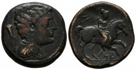 CESE. As. 120-20 a.C. Tarragona. A/ Cabeza masculina a derecha, detrás punta de lanza. R/ Jinete con palma a derecha y debajo CeSE. FAB-2284. Ae. 14,2...