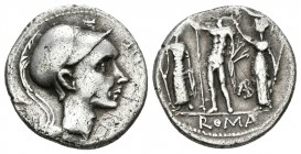 CN. CORNELIUS BLASIO. Denario. 112-11 a.C. Roma. A/ Busto de Escipión el africano a derecha, encima estrella, detrás símbolo proa, leyenda (CN BLASIO ...