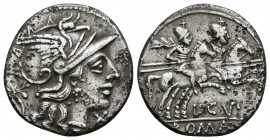 L. CUPIENNIUS. Denario. 147 a.C. Roma A/ Busto de Roma a derecha, detrás cuerno de la abundancia, delante signo de valor. R/ Los Dioscuros cabalgando ...