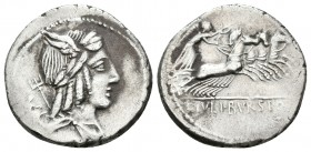 L. JULIUS BURSIO. Denario. 85 a.C. Roma. A/ Busto laureado atribuído a alado de Apolo Vejovis, Mercurio y Neptuno a derecha, detrás tridente y a su la...