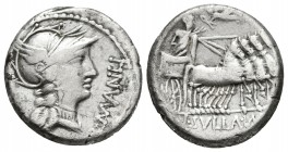 L. MANLIUS TORQUATUS. Denario. 82 a.C. Roma. A/ Busto de Roma a derecha, leyenda L MANLI T PRO Q. R/ Sulla triunfador en cuádriga a derecha y siendo c...