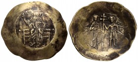 JUAN II COMMENUS. Aspron. Trachy. 1118-1122 d.C. Constantinopolis. A/ Cristo en trono de frente, sosteniendo evangelios y levantando la mano derecha. ...