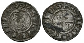 SANCHO IV. Meaja coronada. (1284-1295). Marca estrella de seis puntas en primer cuartel y L en cuarto cuartel. AB 311; Mozo S4:6.32. Ve. 0,68g. MBC-.