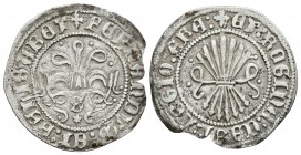REYES CATOLICOS. 1/2 Real. (1474-1504). Sevilla. Sin título de REX. Cal-474var. Ar. 1,52g. Cospel levemente faltado. MBC+.