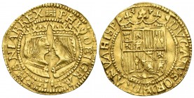 FELIPE II. 1 Ducado. (1590-1593). Vti. falta; Delmonte 1048; Van gelder Hoc. 262-17. Au. 3,44g. EBC-.