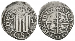FELIPE III. 1 Real. 1612. Zaragoza. Cal-525; Cru.C.G. 4405b. Ar. 3,25g. MBC. Escasa.