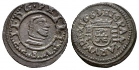 FELIPE IV. 4 Maravedís. 1663. Burgos R. Variante con PHILIPVS. Sin punto entre DG. Cal-1270; J.S. M-No cita. Ae. 0,94g. MBC+. Muy rara.