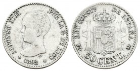 ALFONSO XIII. 50 Céntimos. 1892 *6-2. Madrid PGM. Cal-No cita. Ar. 2,45g. MBC-. Escasa.