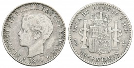 ALFONSO XIII. 10 Centavos. 1896. Puerto Rico PGV. Cal-85. Ar. 2,45g. MBC-.