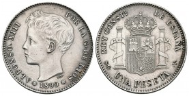 ALFONSO XIII. 1 Peseta. 1899 *18-99. Madrid SGV. Cal-42. Ar. 4,98g. Suave pátina. Bella. EBC/EBC+.