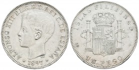 ALFONSO XIII. 1 Peso. 1897. Manila SGV. Cal-81. Ar. 24,91g. Marquitas y golpecitos en el canto. MBC+.