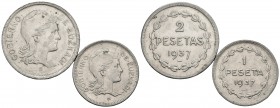 EUZKADI. Serie completa. (1 Peseta y 2 Pesetas). 1937. Cal-6. Ni. EBC+.