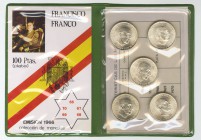 ESTADO ESPAÑOL. Serie numismática de 5 piezas de 100 pesetas de 1966 en cartera oficial del la FNMT. Estrellas *19-66, *19-67 (variante uno en angulo ...