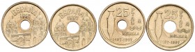 JUAN CARLOS I. 25 Pesetas. 1997. Variante con agujero central ligeramente más pequeño, acompañada de otra moneda normal para su comparación. 4,26g. SC...