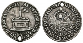 BOLIVIA. Medalla-Módulo de 1 Sol. 1841. Potosí. A/ GRATITUD DEL DEPARTAMENTO DE POTOSI. R/ AL DEFENSOR DE LA INDEPENDENCIA NACI.L. Ar. 3,35g. Perforac...