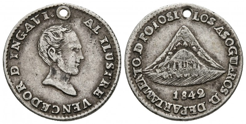 BOLIVIA. Medalla-Módulo de 1 Sol. 1842. A/ Busto de José Ballivian, alrededor AL...