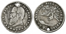 BOLIVIA. Medalla-Módulo de 1/2 Real. 1865. A/ EL HEROE DE DICIEMBRE. R/ SALVA LA PATRIA DE LA ANARQUIA. Fonrobert 9682. Ar. 1,26g. Perforación. MBC-....