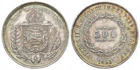 BRASIL. Pedro II. 500 Reis. 1863. Km#464. Ar. 6,29g. Preciosa pátina irisada. EBC-.