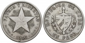 CUBA. 1 Peso. 1916. Km#15.2. Ar. 26,44g. MBC-.