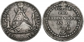 FERNANDO VII. Medalla de proclamación-Módulo 8 Reales. 1808. Potosí. A/ Vista del cerro rico de potosí. He-50. Ar. 26,92g. Perforación y soldadura rep...