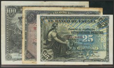 Conjunto de los billetes emitidos en el año 1906, correspondientes a los valores de 25, 50 y 100 Pesetas. A EXAMINAR. MBC/BC.