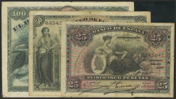 Conjunto de los billetes de 25, 50 y 100 Pesetas emitidos en el año 1907. A EXAMINAR. MBC/BC.