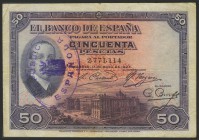 50 Pesetas resellado REPUBLICA/ESPAÑOLA sobre el billete emitido el 17 de Mayo de 1927. (Edifil 2017: 332). BC.