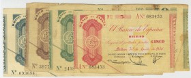 Conjunto de la serie completa de cuatro billetes (5, 25, 50 y 100 Pesetas) de los talones emitidos a partir del 30 de Agosto de 1936 por el Banco de E...