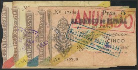 Conjunto de la serie completa de cinco billetes (5, 10, 25, 50 y 100 Pesetas) de los talones especiales emitidos el 5 de Noviembre de 1936 por el Banc...