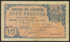 10 Pesetas. 21 de Noviembre de 1936. Banco de España, Burgos. (Edifil 2017: 418). BC+.