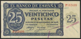 25 Pesetas. 21 de Noviembre de 1936. Banco de España, Burgos. Serie P. Invisible doblez horizontal. Apresto original. (Edifil 2017: 419). EBC.
