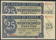 25 Pesetas. 21 de Noviembre de 1936. Banco de España, Burgos, pareja correlativa. Serie P. Ondulados verticalmente, fibra sin romper. Apresto original...
