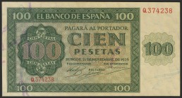 100 Pesetas. 21 de Noviembre de 1936. Banco de España, Burgos. Serie Q. (Edifil 2017: 421a). EBC.