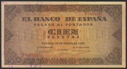 100 Pesetas. 20 de Mayo de 1938. Banco de España, Burgos. Serie F. Invisible doblez vertical. (Edifil 2017: 432a). EBC.