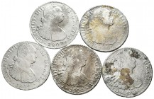CARLOS IV. Lote compuesto por 5 monedas de 8 Reales de México. 1798 FM Cal-692, 1800 FM Cal-695; 1804 TH Cal-701, 1806 TH Cal-705 y 1807 TH Cal-707. T...