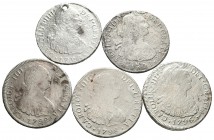 CARLOS IV. Lote compuesto por 5 monedas de 8 Reales de Lima y Potosí. 1793 IJ Cal-647 (Perforado); 1796 PP Cal-719; 1798 PP Cal-721 (2) y 1802 PP Cal-...