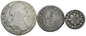MONARQUIA ESPAÑOLA. Lote compuesto por 3 monedas de plata. Felipe V. 1 Real. 1726. Madrid A; 1/2 Real. 1731. Madrid JP y Carlos III. 2 Reales. 1788. M...