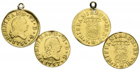MONARQUIA ESPAÑOLA. Lote compuesto por 2 monedas de 1/2 Escudo de FERNANDO VI. 1757 y 1758. Madrid JB. Au. 1,53g. Au.1,77g. Sirvieron como joya. BC+/M...