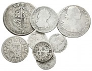 MONARQUIA ESPAÑOLA. Lote compuesto por 8 monedas de plata, conteniendo: Felipe V. 1 Real. 1741. Madrid JF y 2 Reales. 1717. Madrid J; Fernando VI. 174...