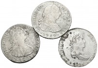 MONARQUIA ESPAÑOLA. Lote compuesto por 3 monedas de 8 Reales. Carlos III. 1789 IJ. Lima. Busto de Carlos III y ordinal IV. Cal-641. (Oxidaciones marin...