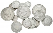 ISABEL II. Lote compuesto 15 monedas de plata, conteniendo: 1 Real. 1852. Sevilla RD, 1852. Barcelona; 10 Céntimos de Escudo. 1865. Barcelona; 2 Reale...
